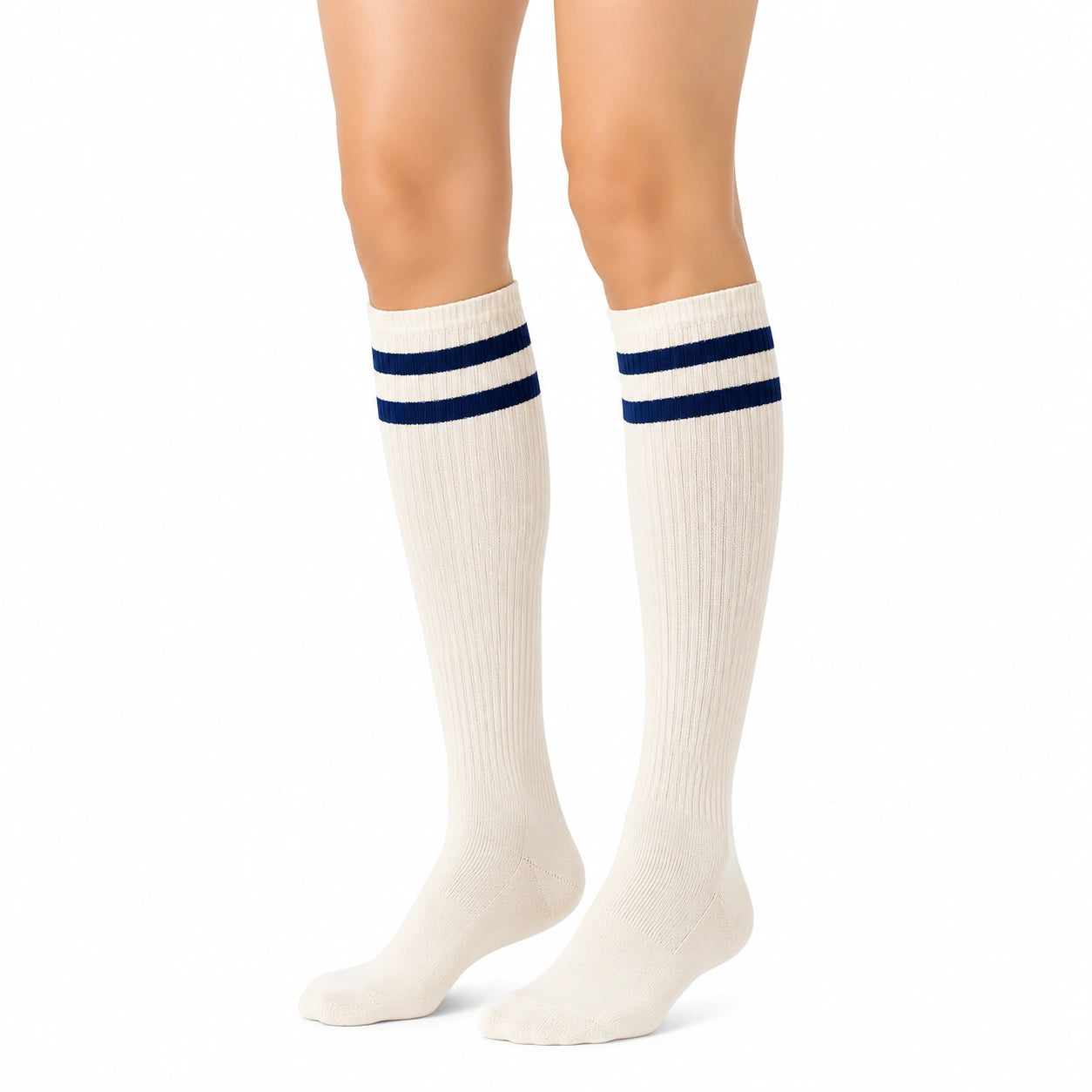 Calze alte al ginocchio 39-42 in maglia avorio e blu navy stile sportivo