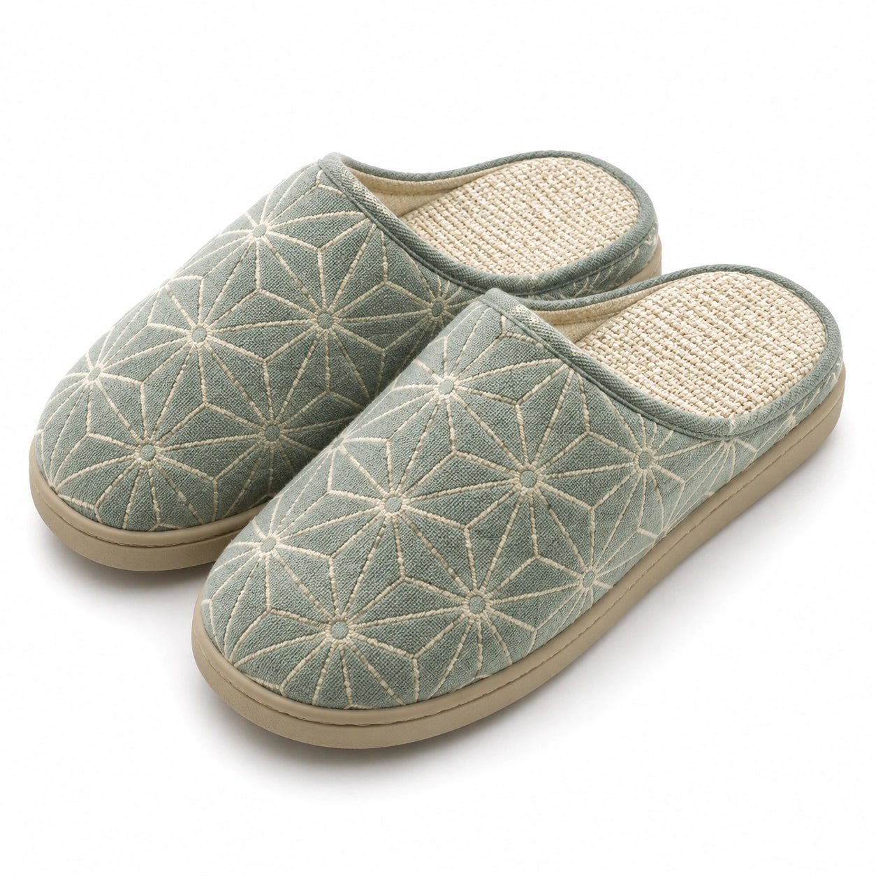 Pantofole da casa 40/41 in tessuto verde salvia con plantare intrecciato e suola sintetica