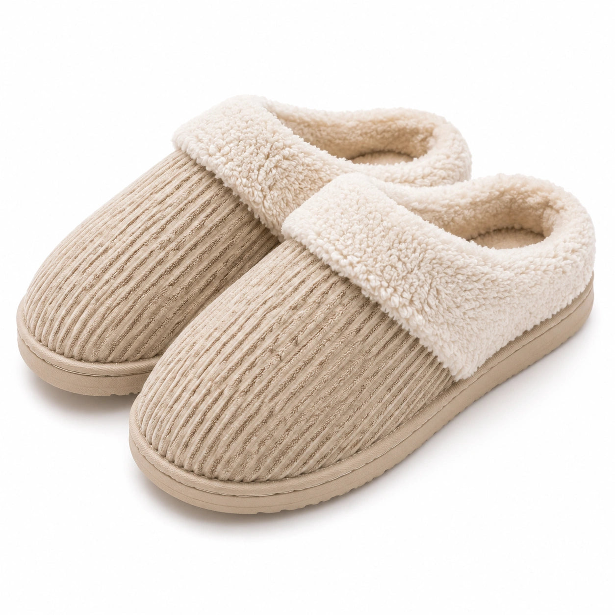 Pantofole da casa 40/41 in tessuto a coste beige con fodera effetto pelliccia