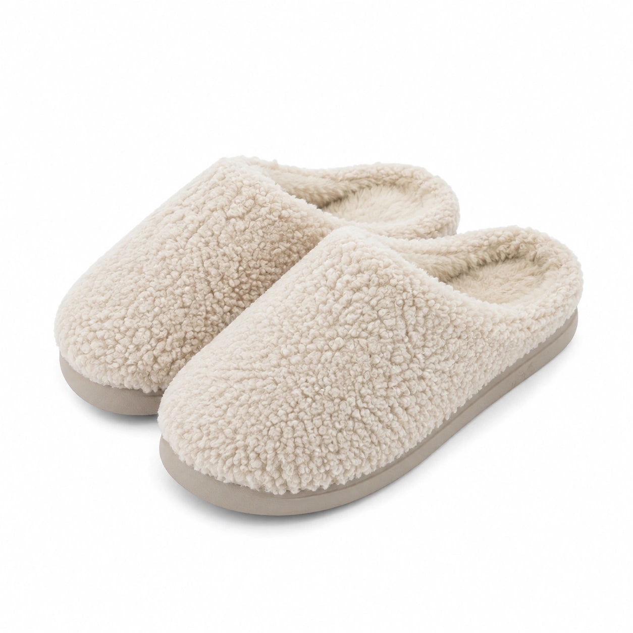Pantofole da casa 42/43 in tessuto bouclé beige con suola piatta