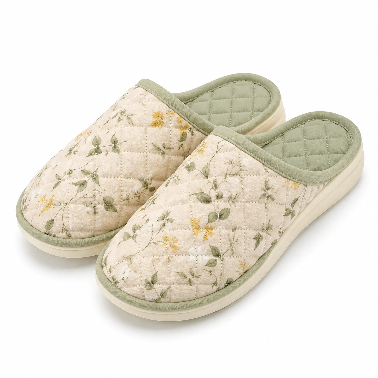 Pantofole 42/43 in tessuto trapuntato beige e verde con stampa floreale - ciabatte chiuse da interno
